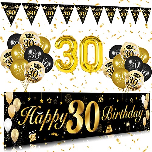 30. Geburtstag Dekoration Mädchen, FOONII Extra Lange 30. Geburtstag Junge Happy Birthday Banner (9 * 1.21 Füße), 30 Geburtstag Hintergrund Banner und Luftballons Konfetti Luftballons（Schwarz Gold） von Foonii