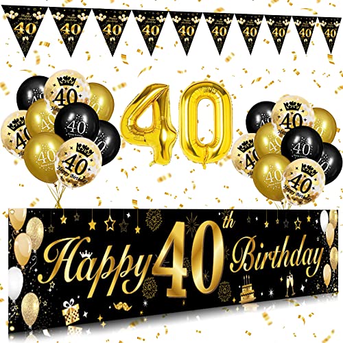 40. Geburtstag Dekoration Frau Mann, FOONII Geburtstag Banner Happy Birthday Banner (9 * 1.21 Füße), 40. Geburtstag Deko Banner Hintergrund und Luftballons Konfetti Luftballons（Schwarz Gold） von Foonii