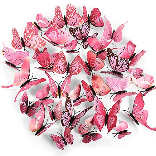 Foonii 72 PCS 3D Schmetterlinge Wanddeko Aufkleber Abziehbilder,schlagfestem Kunststoff Schmetterling Dekorationen, Wand-Dekor Rosa von Foonii