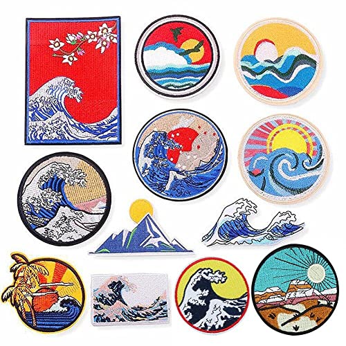 Fopytu 12 Pcs Eisen Auf Flecken Die Große Welle Vor Kanagawa Gesticktes Patche Applique Set, Näht Reparaturpatch DIY -zubehör Für Kleidungsstücke von Fopytu