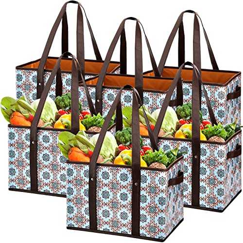 Foraineam Wiederverwendbare Einkaufstaschen für Lebensmittel, strapazierfähig, mit verstärktem Boden, zusammenklappbare Aufbewahrungsbehälter mit Riemen und Griffen, 6 Stück von Foraineam