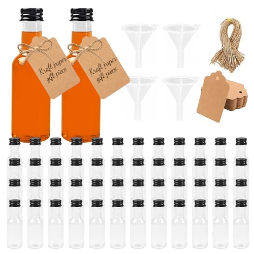 Forbabe 48 STK Mini Fläschchen Likörflaschen 25ml Plastik Shot Flaschen zum Befüllen mit Schwarzem Deckel und Trichter Wiederverwendbar Schnapsflaschen zum Befüllen für ätherische Öle Whisky von Forbabe