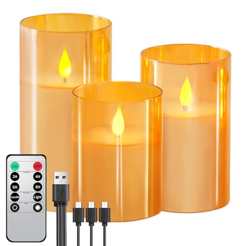 Forever Speed 3er-Set Gold Glas Led Kerzen Aufladbar mit Fernbedienung Timer, Dimmbar Wiederaufladbare Flammenlose Kerzen mit Ladekabel für Wohndekoration, Camping, Hochzeiten, Geschenke von Forever Speed