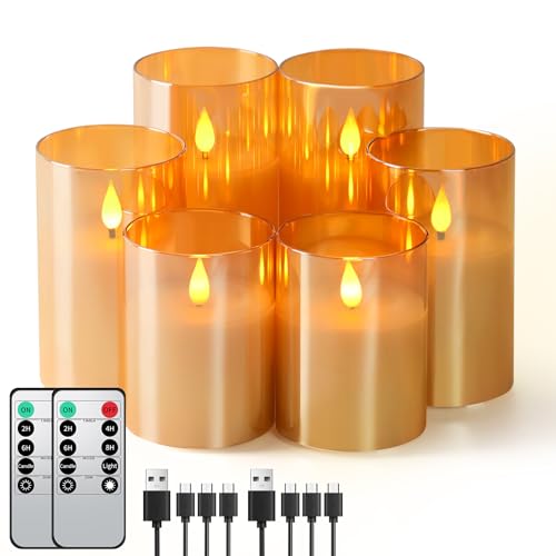 Forever Speed 6er-Set Gold Glas Led Kerzen Aufladbar mit Fernbedienung Timer, Dimmbar Wiederaufladbare Flammenlose Kerzen mit Ladekabel für Wohndekoration, Camping, Hochzeiten, Geschenke von Forever Speed