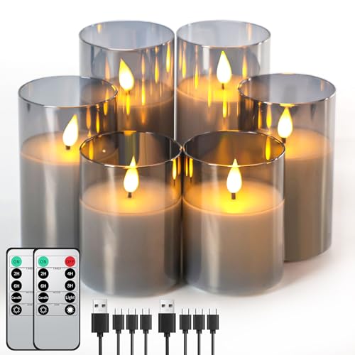 Forever Speed 6er-Set Grau Glas Led Kerzen Aufladbar mit Fernbedienung Timer, Dimmbar Wiederaufladbare Flammenlose Kerzen mit Ladekabel für Wohndekoration, Camping, Hochzeiten, Geschenke von Forever Speed