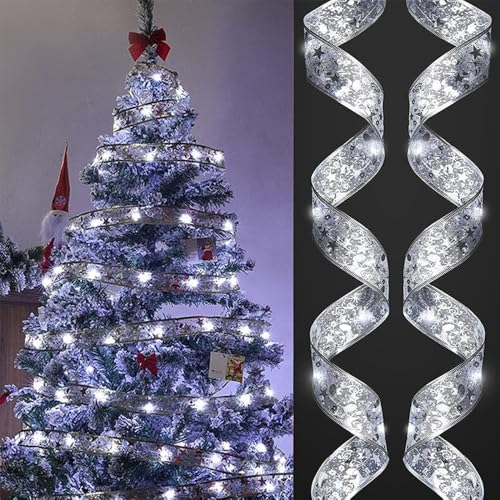 10m Weihnachtsband Lichter, 100 LED Glänzende Band Lichterkette, 8 Modi Batteriebetrieben, Weihnachtslichterkette für Weihnachten Party, Hochzeiten, Innen und Außenbereich Weihnachtsdekoration (Weiß) von Foreverup