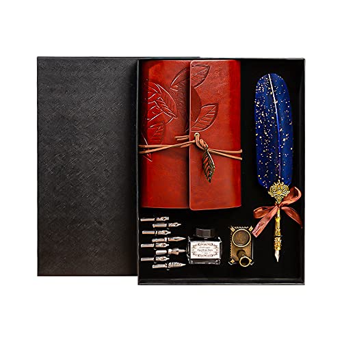 Foreverup Quill Feather Quill Pen Set, Handgemachte Dip Quill Pen, Schreibfeder Schreiben Tinte Set, mit Notizblock, Ersatzspitzen, Sockel für Stift, für Preise, Festival Geschenk (Blau) von Foreverup