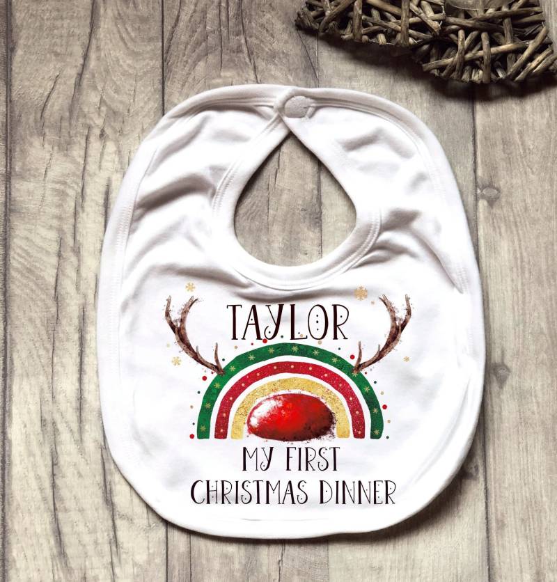 My First Christmas Dinner Bib, Personalisierte Baby Es Xmas Rentier Rainbow von Forgetmeknotwales