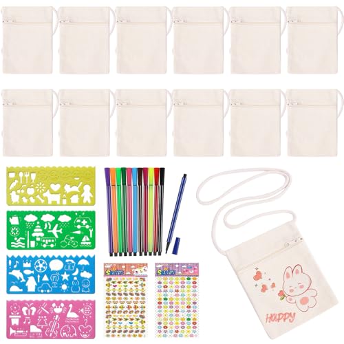 Forhandy 12 Stück Stoffbeutel zum Bemalen für Kinder, DIY Kinder Umhängegeldbeutel mit 12 Buntstift, 4 DIY Malschablonen & 2 Diamant-Aufkleber, Blanko Stoffbeutel Klein für Schule,Party,Geschenk von Forhandy