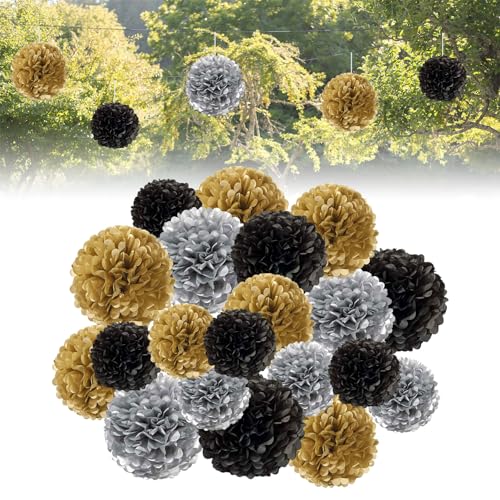 Forhandy 30 Stück Party Deko Schwarz Gold Seidenpapier Pompons Deko, Papier Pompons Deko für Hochzeit Geburtstag Gartenparty Deko von Forhandy