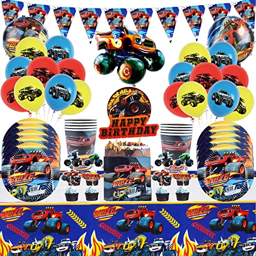 Forhome 88 PCS Monster Trucks Kindergeburtstag Deko, Monster Trucks Partyzubehör Birthday Theme Geschirr Set zum Gehören Teller Tassen Tischdecke ist wiederverwendbar, Monster Trucks Geburtstag Deko von Forhome