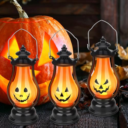 Halloween Deko Licht, 3 Stück LED Halloween Lampen Vintage Orange Laterne Tischdeko Herbstdeko Verschiedenen Ausdrücken Gartendekoration Flammenlose Beleuchtet für Halloween Kinderparty Outdoor von Forhome