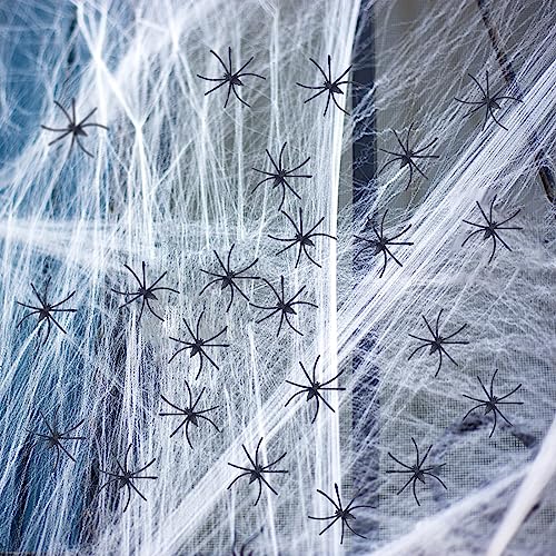 Halloween Deko Spinnennetz, 200g Weiß Spinnenweben Dekoration Dehnbar mit 30 Stück Plastik Kunststoff Spinnen, Halloween Dekoration für Outdoor Garten Innen Horror Party Hängende Gruselig Deko (B) von Forhome