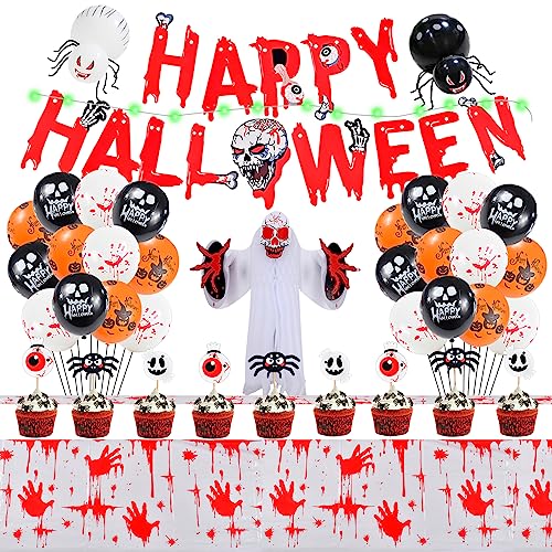 Halloween Horror Luftballons Set, Horror Skelett Kopf Banner + Blutige Tischdecke + Blut Hand gedruckte Luftballons + 3D Schädel + 3 Meter grüne Lichterketten und Spinne, Halloween Deko Set (B) von Forhome