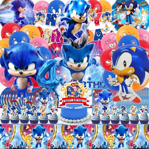84 Stück Sonic Geburtstag Party Set, sonic Deko Geburtstag, Sonic Geburtstag Luftballon, Sonic Deko, Sonic Tortenaufleger, Sonic Luftballon, Geburtstag Ballon, Sonic Geburtstagsdeko 4 Jahre von Forninc