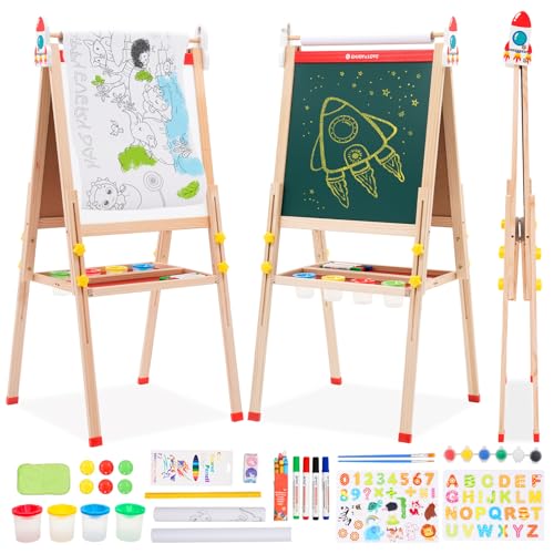 3 in 1 Kinder Staffelei,Höhenverstellbar Kinder Spiel-Tafel aus Holz,Faltbare Doppelseitige Kunststaffelei für Kinder mit Zeichenrolle Kinder zum Ausmalen,Papierrolle, Kindertafel für ab 3-16 Jahre von Forroby