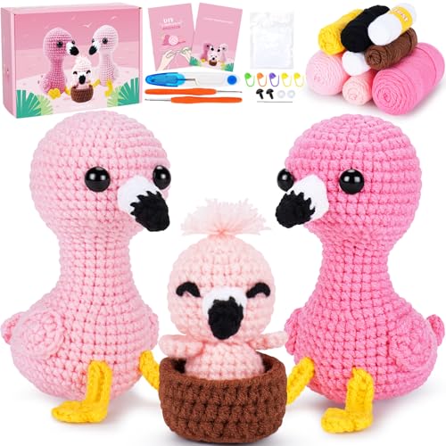 Häkelset für Anfänger, Häkeln Tier Kit Komplett Tier Häkeln mit Garn Häkelnadeln Nadeln, Video Häkeln lernen Starter Kit Famliy Flamingos Tier Set Anfänger Häkelset (Flamingos) von Fortuning's JDS