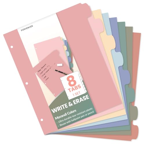 Forvencer Ringbuch-Trennblätter mit 8 Registern, zum Schreiben und Löschen von Kunststoff-Trennwänden für 3-Ringordner, große Ordner-Tabs für Schüler, Lehrer, Organizer, 3 Ringbuch-Trennblätter mit von Forvencer