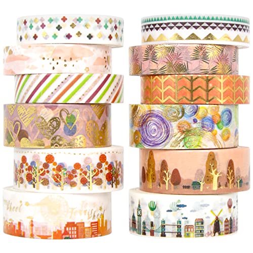 Forwaarss Goldfolie Washi Tape Set - 12 Rollen Bunt Masking Papier Klebeband Dekorative für Bullet Journal, Art Supplies, DIY Crafts, Verschönert, Handwerk, Geschenkpapier von Forwaarss