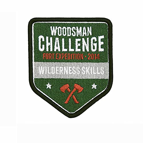 Stoff-Aufnäher Woodsman Challenge Fort Expedition 2014 Wilderness Skills 8,1 x 6,8 cm Holzfäller Abzeichen von Fosco Industries