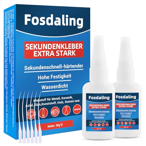 Sekundenkleber Extra Stark für Kleber Plastik: Wasserfest & Hitzebeständig Superkleber - Anti-Trocknungsspitze - Sekundenkleber zum Kleben von Kunststoff, Metall, Glas, Holz, Stein, Leder uvm (60g） von Fosdaling