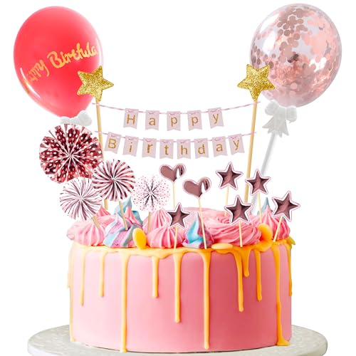 Foshird 17 Stück Tortendeko Mädchen Happy Birthday Cake Topper Geburtstag Torten Deko mit Luftballons Banner Papierfächer Stern Herz Kuchen Deko für Cupcake Geburstagstorte Party von Foshird