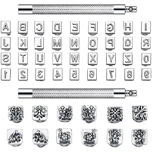 Fossthiroy 50 Stück Buchstaben und Zahlen, Stempel-Set, 6 mm, Alphabet, Leder, Stanzstempel, Metall, Blumenmuster, Stempelwerkzeuge mit von Fossthiroy