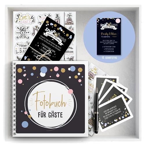 Fotospiel Set 18 Geburtstag by snaPmee - Fotoaufgaben, Hardcover-Gästebuch (21x21cm), Stift, Sticker, Aufsteller - Party-Spiel für Gäste von Fotospiel