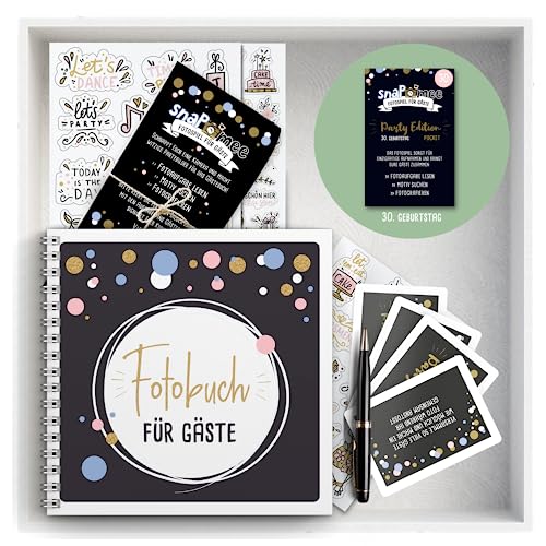 Fotospiel Set 30 Geburtstag by snaPmee - Fotoaufgaben, Hardcover-Gästebuch (21x21cm), Stift, Sticker, Aufsteller - Party-Spiel für Gäste von Fotospiel