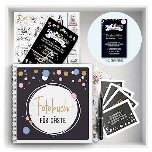 Fotospiel Set 40 Geburtstag by snaPmee - Fotoaufgaben, Hardcover-Gästebuch (21x21cm), Stift, Sticker, Aufsteller - Party-Spiel für Gäste von Fotospiel