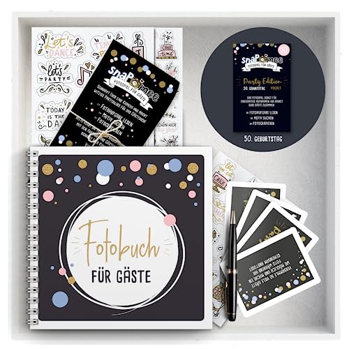 Fotospiel Set 50 Geburtstag by snaPmee - Fotoaufgaben, Hardcover-Gästebuch (21x21cm), Stift, Sticker, Aufsteller - Party-Spiel für Gäste von Fotospiel