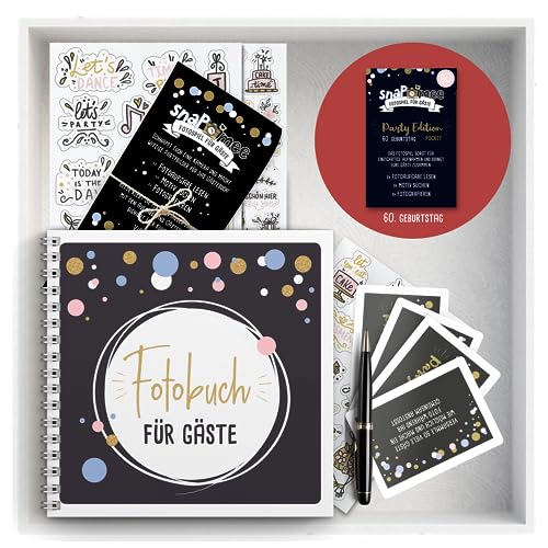 Fotospiel Set 60 Geburtstag by snaPmee - Fotoaufgaben, Hardcover-Gästebuch (21x21cm), Stift, Sticker, Aufsteller - Party-Spiel für Gäste von Fotospiel