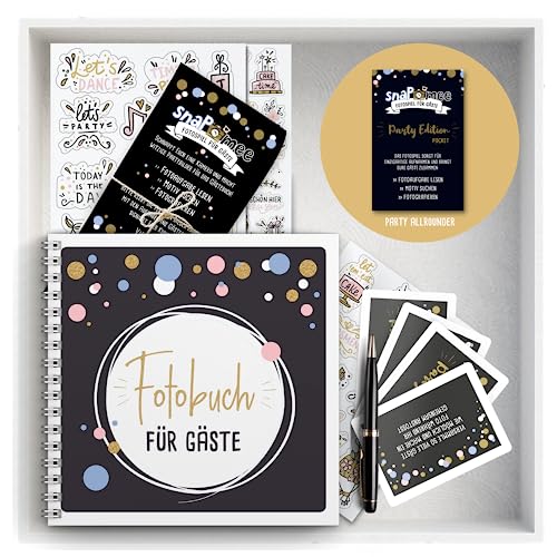 Fotospiel Set Party by snaPmee - Fotoaufgaben, Hardcover-Gästebuch (21x21cm), Stift, Sticker, Aufsteller - Party-Spiel für Gäste (Geburtstage, Hochzeit & Co) von Fotospiel