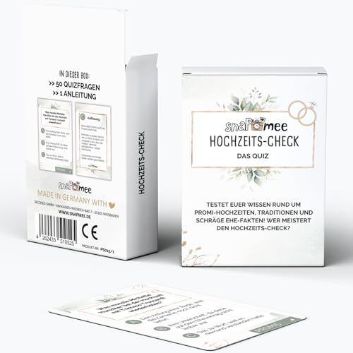 Hochzeits-Check by snaPmee - Witziges Quiz Spiel für Hochzeit & JGA - 50 Quizfragen zur Hochzeitsplanung, Rekorden, Promis & Co - Geschenk Braut, Bräutigam, Trauzeugin von Fotospiel