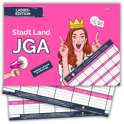 Stadt Land JGA by snaPmee - Quiz Spiel Junggesellenabschied Frauen, Geschenk Braut & Team Bride - 50 Blatt Din-A4 von Fotospiel