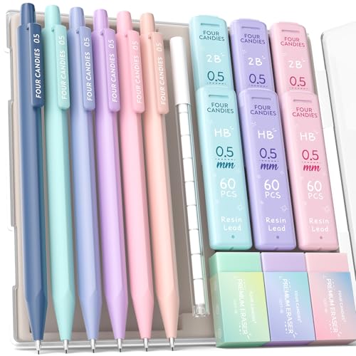 Four Candies 0.5 mm Druckbleistift Set, 6PCS Niedliche Druckbleistifte mit 360PCS Minen, 3PCS Pastell Radiergummis und 9PCS Radiergummi-Minen von Four Candies