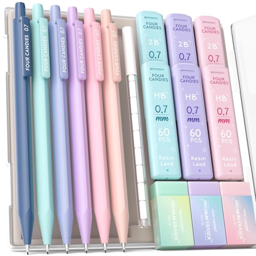 Four Candies 0.7 mm Druckbleistift Set, 6PCS Niedliche Druckbleistifte mit 360PCS Minen, 3PCS Pastell Radiergummis und 9PCS Radiergummi-Minen von Four Candies