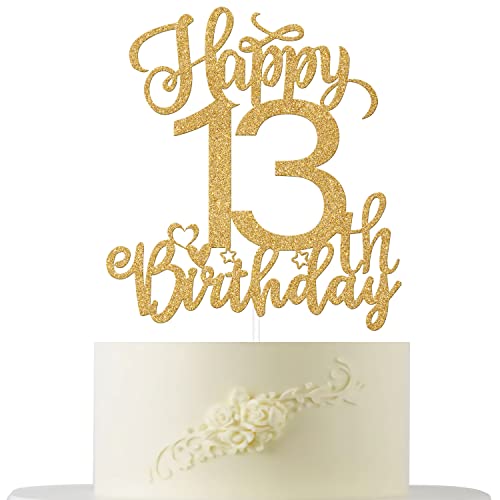 Happy 13th Birthday Cake Topper, 13 Cake Topper, Hello 13 Cake Decor for Boy/Girl Cheers to 13 Years Old Birthday Party Dekoration Supplies Gold Glitter von Four Ever Sweet