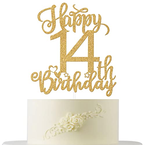 Happy 14th Birthday Cake Topper, 14 Cake Decoration, Hello 14 Cake Decor for Boy/Girl Cheers to 14 Years Old Birthday Party Dekoration Supplies Gold Glitter von Four Ever Sweet