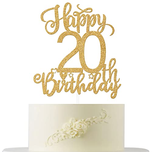 Happy 20th Birthday Cake Topper, Hello 20 Cake Decoration, 20 & Fabulous Cake Decor for Man/Women Cheers to 20 Years Old Birthday Party Decoration Supplies Gold Glitter von Four Ever Sweet