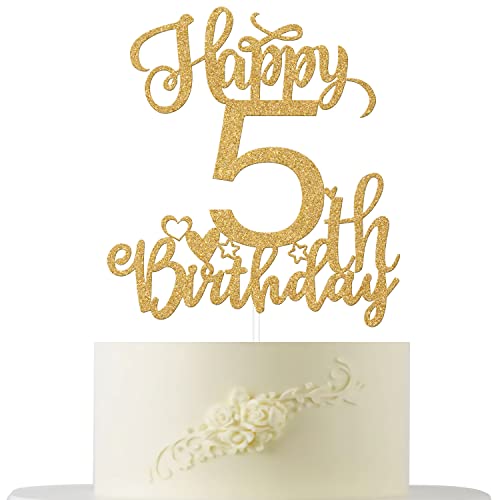 Happy 5th Birthday Cake Topper, 5 Cake Decoration, Hello 5 Cake Decor for Boy/Girl Cheers to 5 Years Old Birthday Party Dekoration Supplies Gold Glitter von Four Ever Sweet