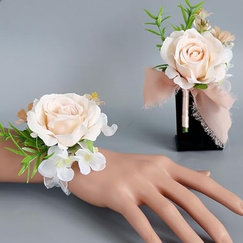 Ansteckblume für Hochzeit, Bräutigam, für Herren, für Braut, Brautjungfer, Handgelenk, Ansteckblume und Handgelenk, Set für Hochzeit, Party, Abschlussball, Heimkehr (Champagner) von Fouriding