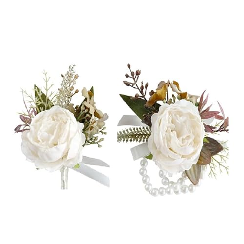 Ansteckblume für Hochzeit, Bräutigam, für Herren, für Braut, Brautjungfer, Handgelenk, Ansteckblume und Handgelenk, Set für Hochzeit, Party, Abschlussball, Heimkehr (Weiß Grün) von Fouriding