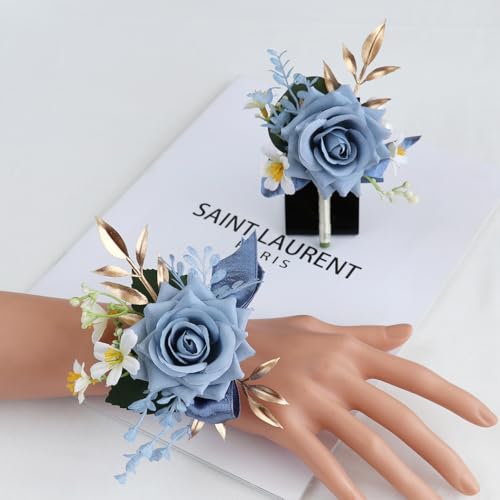 Ansteckblume für Hochzeit, Bräutigam, für Herren, für Braut, Brautjungfer, Handgelenk, Ansteckblume und Handgelenk, Set für Hochzeit, Party, Abschlussball, Heimkehr (blau) von Fouriding