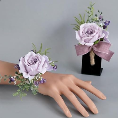 Ansteckblume für Hochzeit, Bräutigam, für Herren, für Braut, Brautjungfer, Handgelenk, Ansteckblume und Handgelenk, Set für Hochzeit, Party, Abschlussball, Heimkehr (lila) von Fouriding