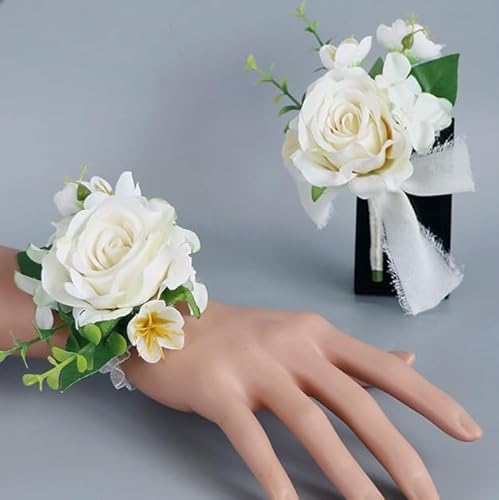 Ansteckblume für Hochzeit, Bräutigam, für Herren, für Braut, Brautjungfer, Handgelenk, Ansteckblume und Handgelenk, Set für Hochzeit, Party, Abschlussball, Heimkehr (weiß) von Fouriding