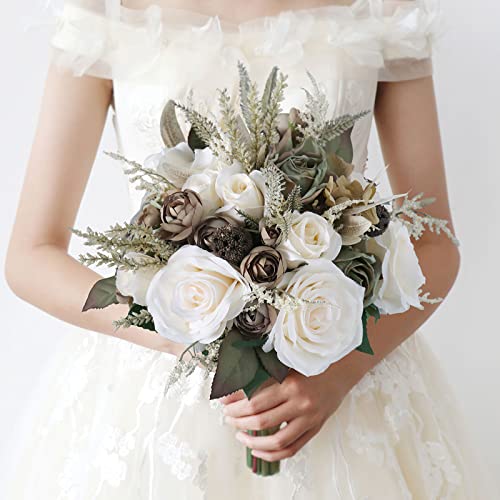 Fouriding Brautstrauß Braut Brautjungfer Brautjungfern Blumensträusse Hochzeit Rosen Blumenstrauß künstlicher Rosenstrauß Bouquet Deko Cremig von Fouriding