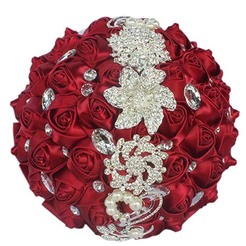 Fouriding Brautstrauß Braut Brautjungfer Brautjungfern Blumensträusse Hochzeit Rosen Strass Strauß Blumenstrauß künstlicher Rosenstrauß Bouquet Deko Weinrot von Fouriding