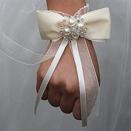 Fouriding Elfenbein Blumenarmband Hand Rose Blumen Armband Handgelenk Corsage Armreif Wrist Flower Blume für Hochzeiten für Braut Brautjungfer Mädchen Hochzeit Prom Party von Fouriding