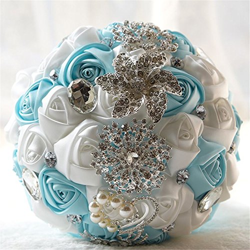 Fouriding Handgemachte Brosche Brautstrauß Braut Satin Rosen Blumen Strass Perlen Blumensträusse Hochzeit Strauß Künstliche Blumenstrauß künstlicher Rosenstrauß Dekoration (Creystal Blue+White) von Fouriding